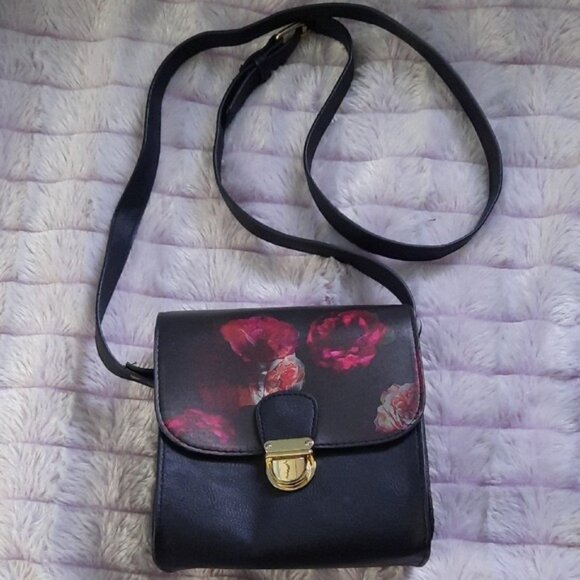 Heidi Swapp Black Rose Print Gold Hardware Faux Leather Camera Case Crossbody - Picture 1 of 13